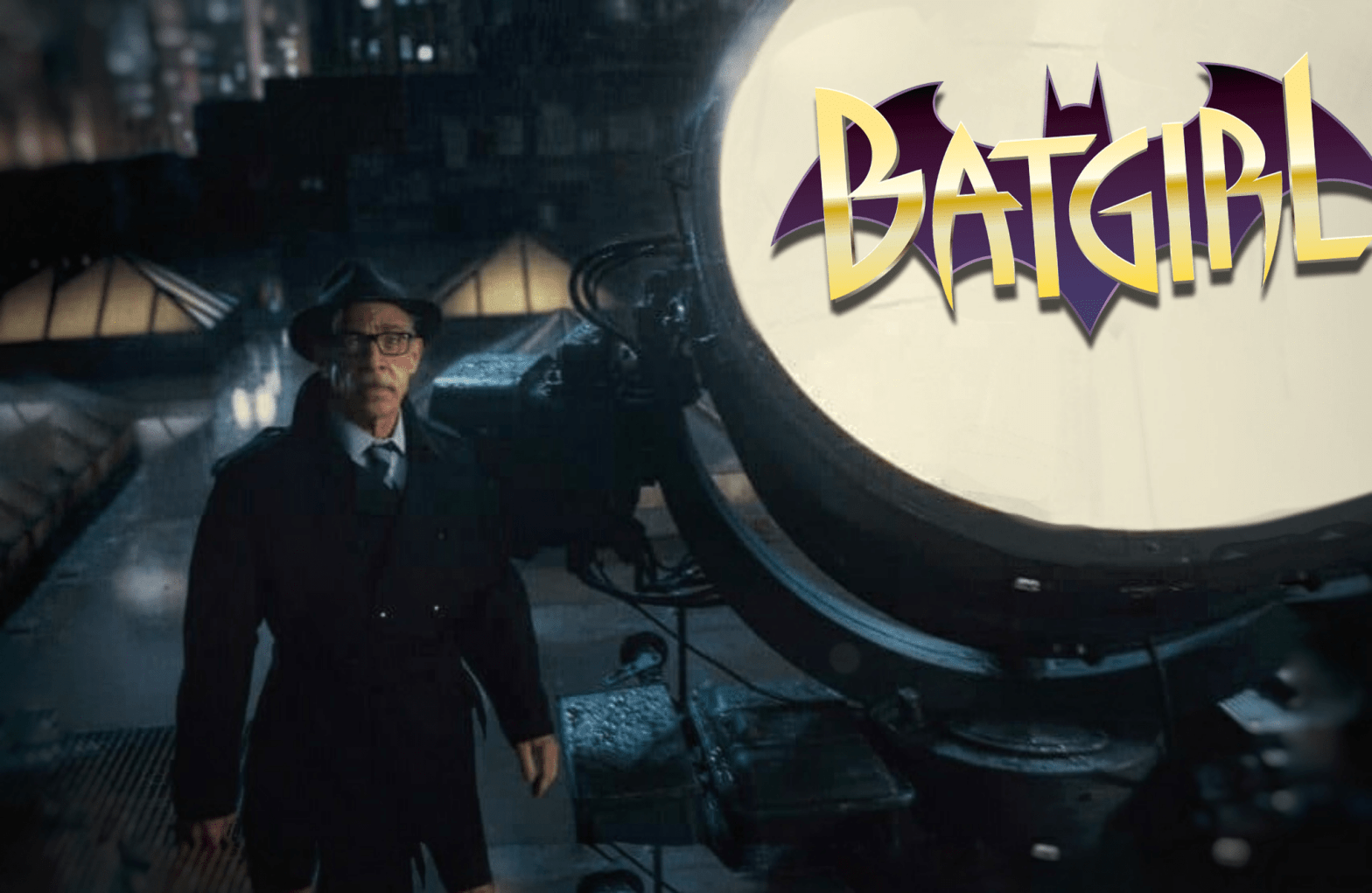 Edited image of J.K. Simmons as Commissioner Gordon standing next to the Bat signal