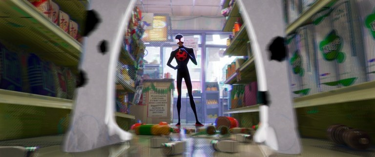 Miles Morales and The Spot standing in a supermarket
