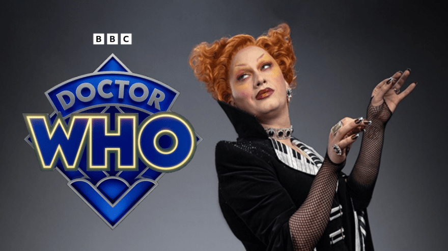 Jinkx Monsoon next to the new Doctor Who logo on the right