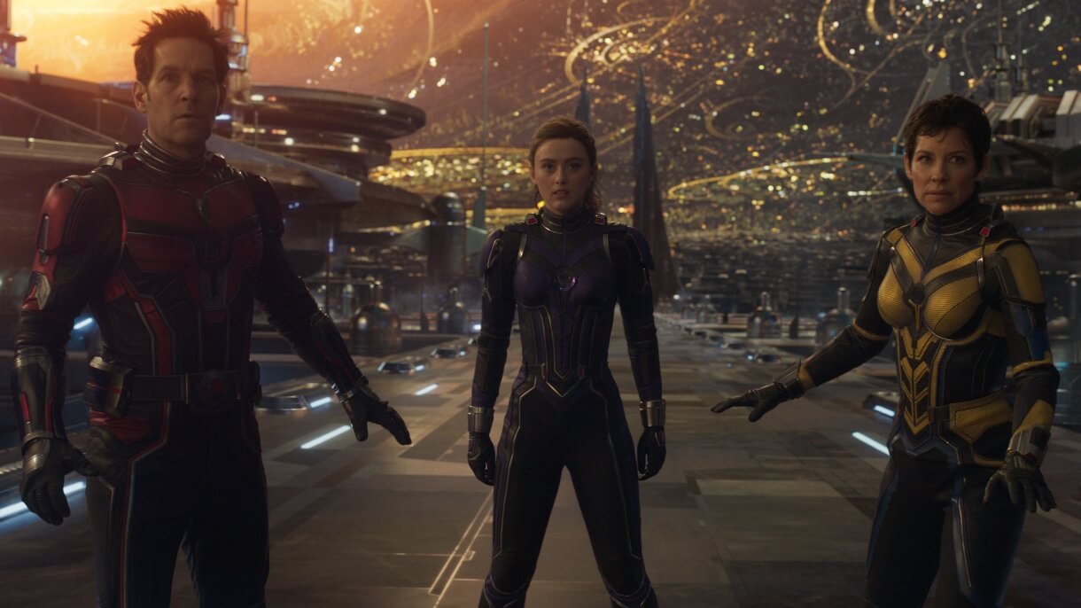 Paul Rudd, Kathryn Newton and Evangeline Lily dressed in their MCU superhero suits