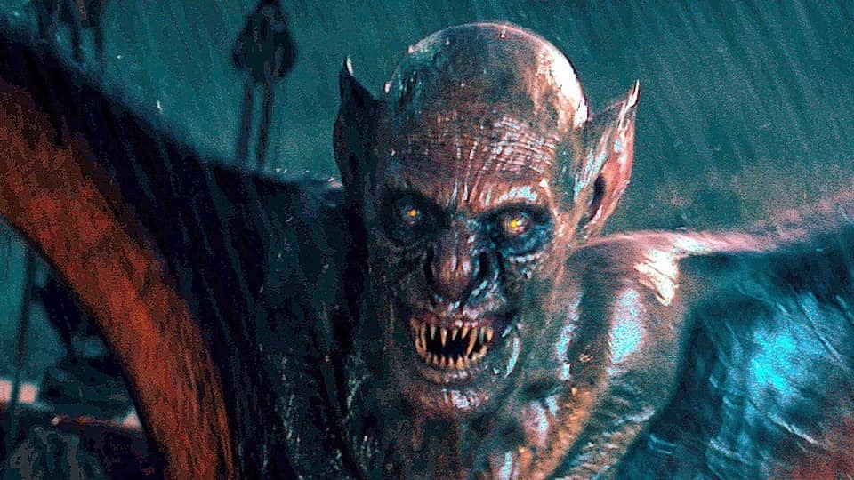 Dracula is on a ship looking like a monster