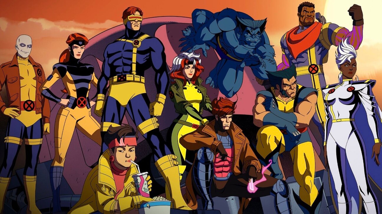 An entire group shot of the X-Men '97 posing including Wolverine, Rogue, Jean, Cyclops, Beast
