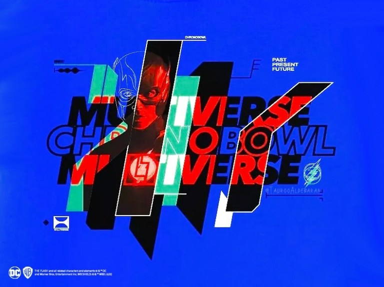 Text: Multiverse Chronobowl multiverse with an inverted Flash and blue background