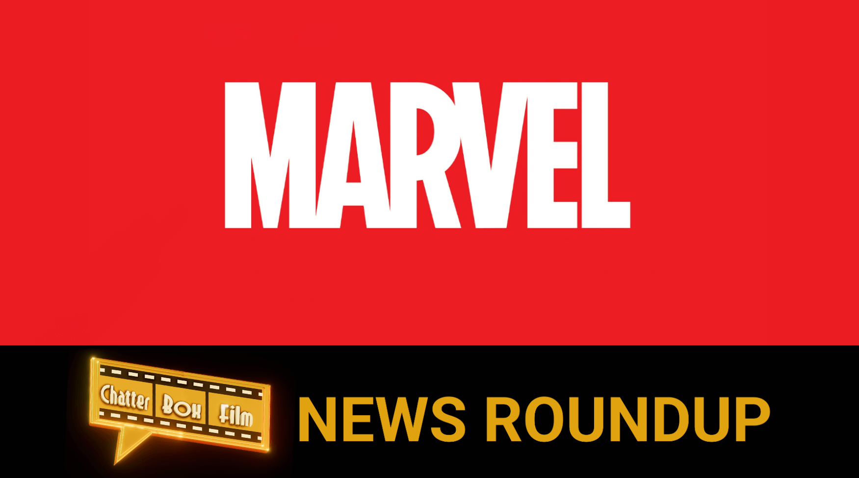 An image showing the Marvel logo and Text: News Roundup. Colours: red, yellow and white with a black behind the text