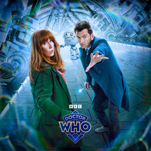 Blue background: Donna and the doctor standing there with a sonic in hand