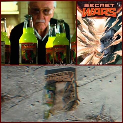 Three images in the collage: Stan Lee in The Incredible Hulk 2008 reaching for a bottle and Secret Wars comic which both also features in Deadpool 3 teaser