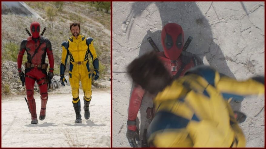 (L-R): Ryan Reynolds as Deadpool/Wade Wilson and Hugh Jackman as Wolverine/Logan fighting