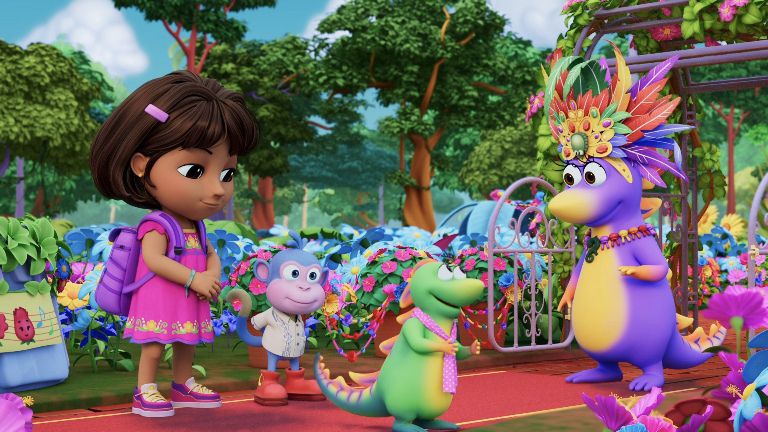 Animated scene of Dora interacting with different animals in a forest.