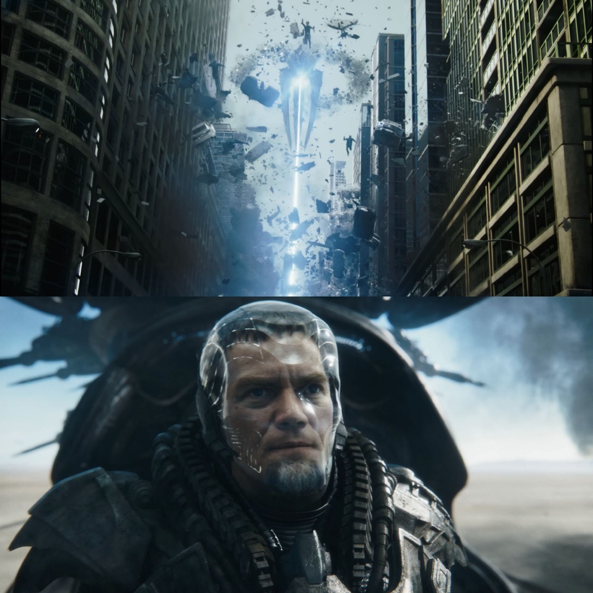 Michael Shannon as General Zod in The Flash movie with an image of the alternate timeline Black Zero event of a city being destroyed
