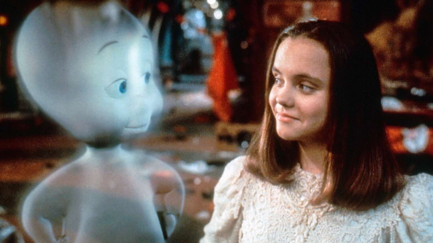 Casper the friendly ghost and Christina Ricci's character Kat, smiling at each other