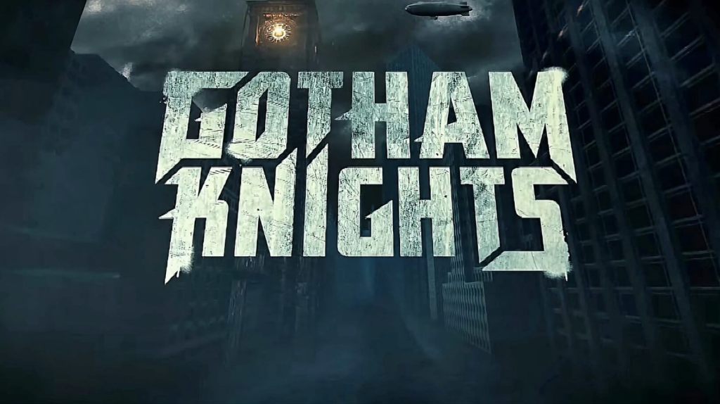 Gotham Knights logo: white title text with scratched texture. Overlayed onto the image of a dark Gotham City