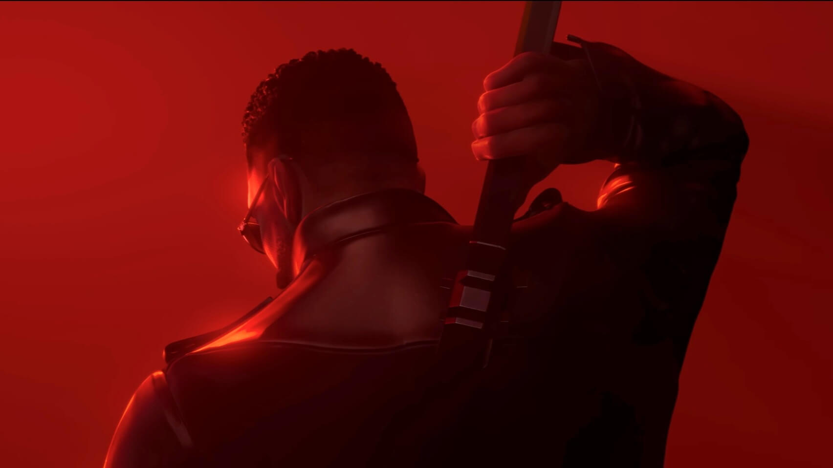 Eric Brooks character as Blade on a red backdrop wearing a leather jacket and grabbing a sword