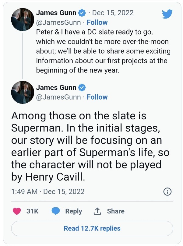 James Gunn's response on Twitter about Superman