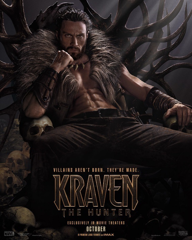 Poster for Aaron Taylor Johnson dressed as Kraven the Hunter, sitting down on a chair made of antlers surround by skulls