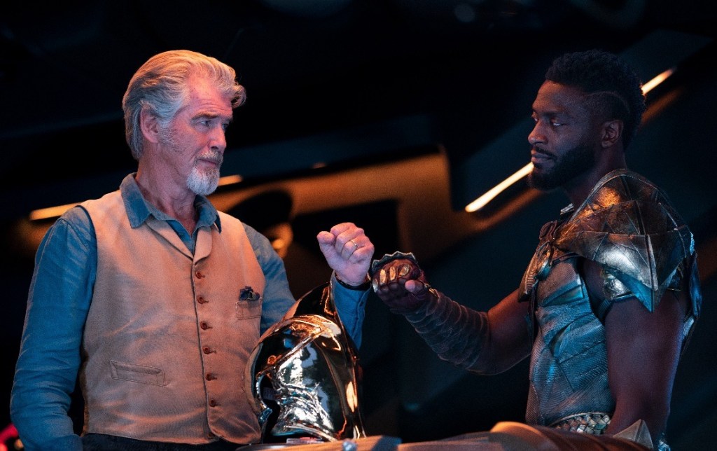 Pierce Brosnan as Kent Nelson/Doctor Fate (R) and Aldis Hodge as Carter Hall/Hawkman in Black Adam. Warner Bros. Discovery