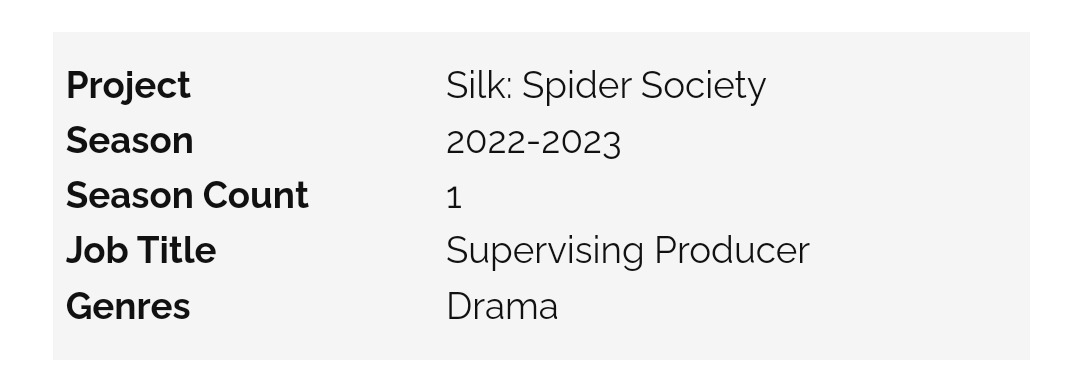 Supervising producer credit for Silk: Spider Society
