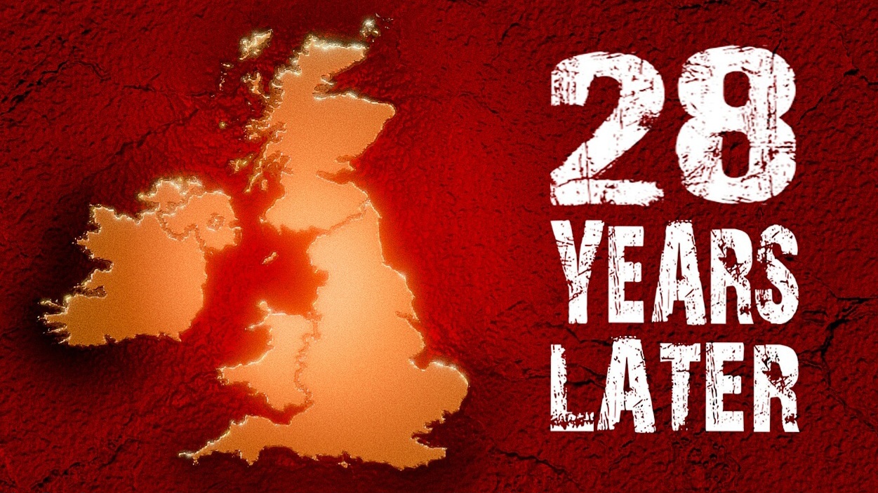 Red concrete textured back ground with a light orange map of United Kingdom (Left) overlayed by white text (Right): 28 Years Later