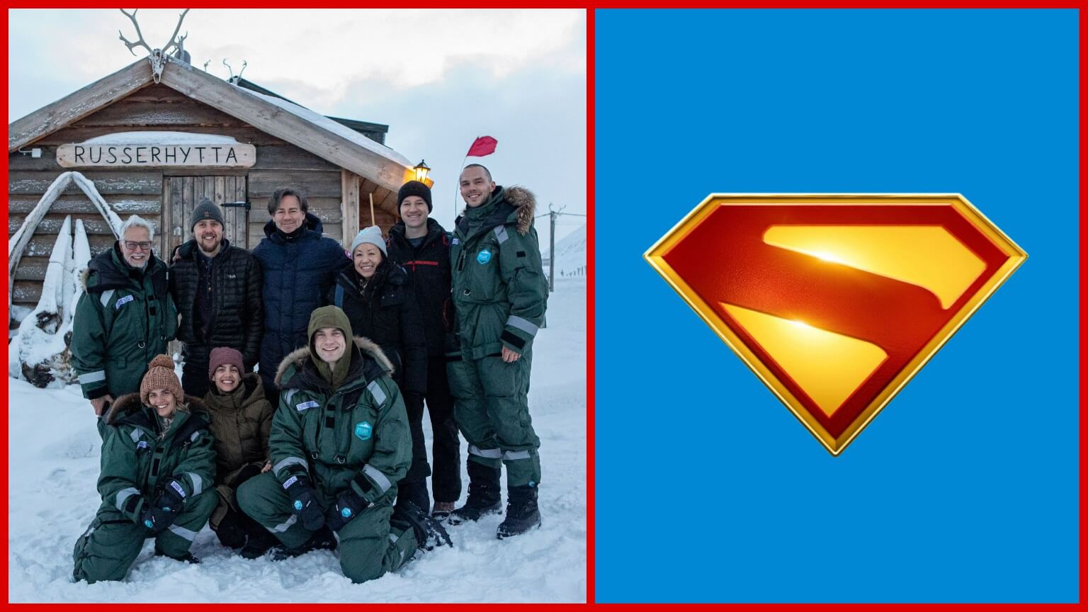 James Gunn and Peter Safran standing with Superman cast in Svalbard, Norway. Split image with the Superman movie logo
