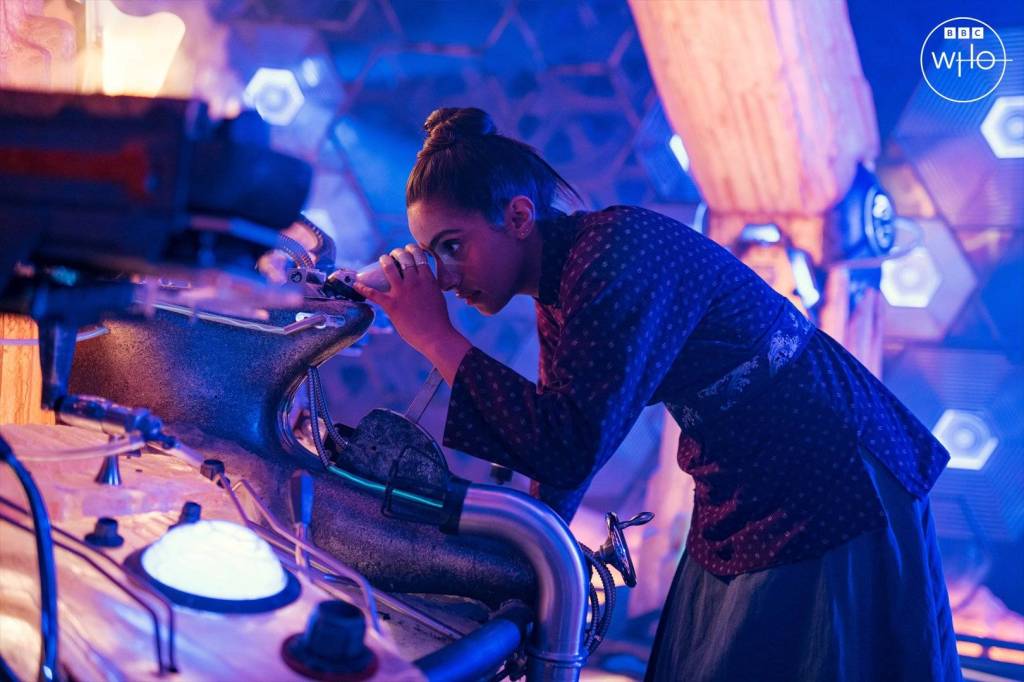 Mandip Gill as Yaz in Series 13 part 2 of Doctor Who: Legend of the Sea Devils. Yaz in the TARDIS.