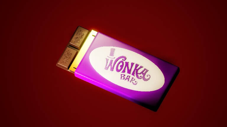 Chocolate bar wrapped in Wonka packaging. Purple wrapper on a deep red background