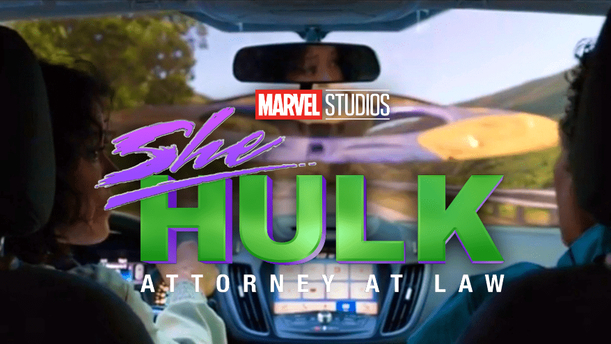 She-Hulk sitting in a car with the logo overlayed