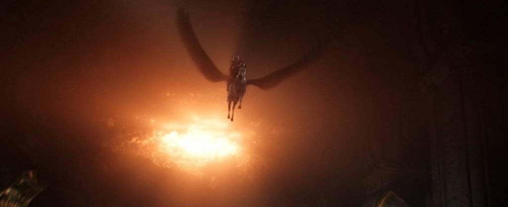 Mighty Thor flying on a Valkyrie Steed in Thor Love and Thunder