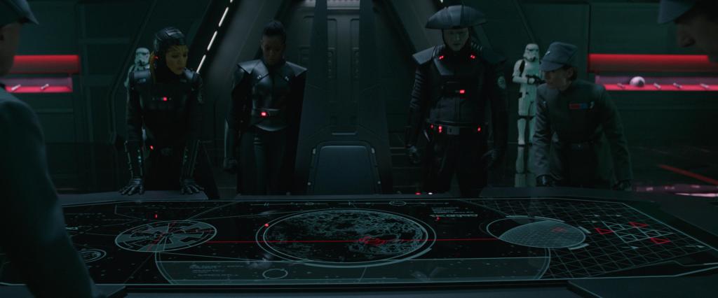 (L-R): Fourth Sister (Rya Kihlstedt), Reva (Moses Ingram), Fifth Brother (Sung Kang) and Imperial captain (Indira Varma) in Lucasfilm's OBI-WAN KENOBI, exclusively on Disney+. © 2022 Lucasfilm Ltd. & ™. All Rights Reserved.