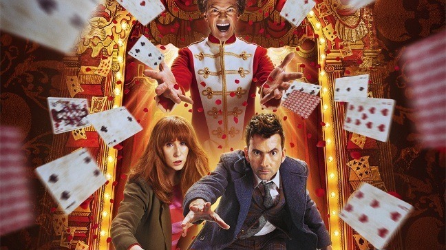 Decks of cards flying from The Toymakers hands with The Doctor and Donna running. The giggle special