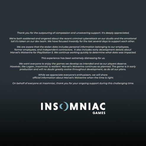 A post from X, where Insomniac comment about the hacking/leaks