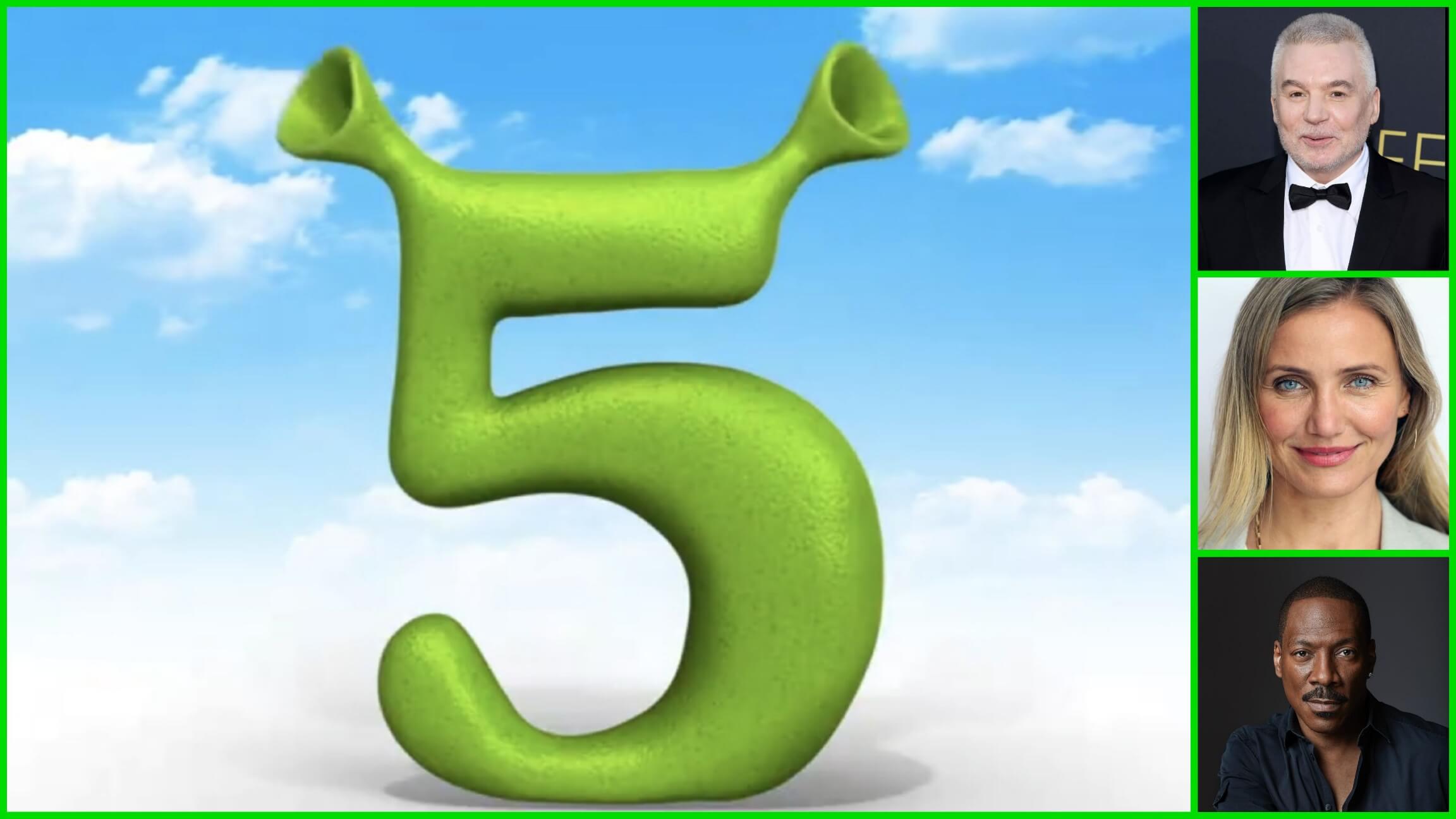 The announced logo for Shrek 5 with the number 5 shaped like an ogre and casting photos: Eddie Murphy, Cameron Diaz and Mike Myers