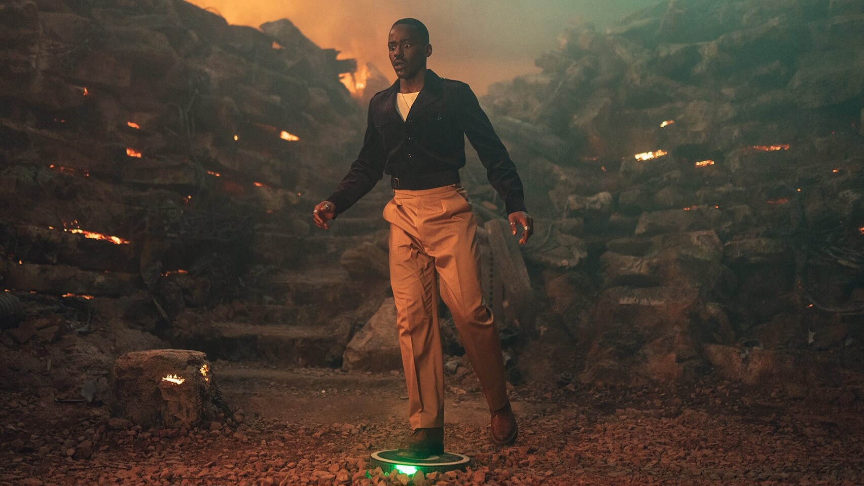 Ncuti Gatwa as the Doctor, stepping on a landmine on a different planet