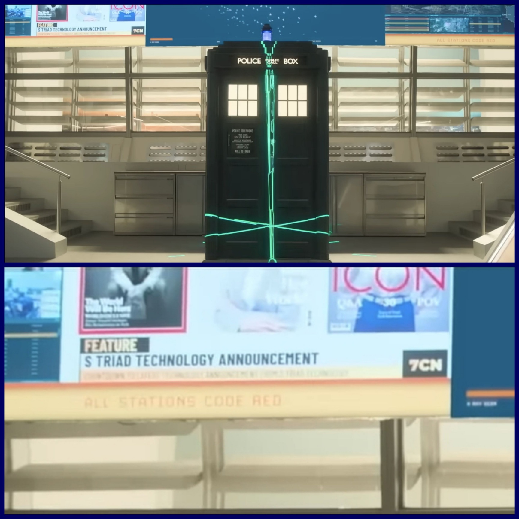 TARDIS is being scanned with green lasers at UNIT, while an S TRIAD announcement appears on a tv behind