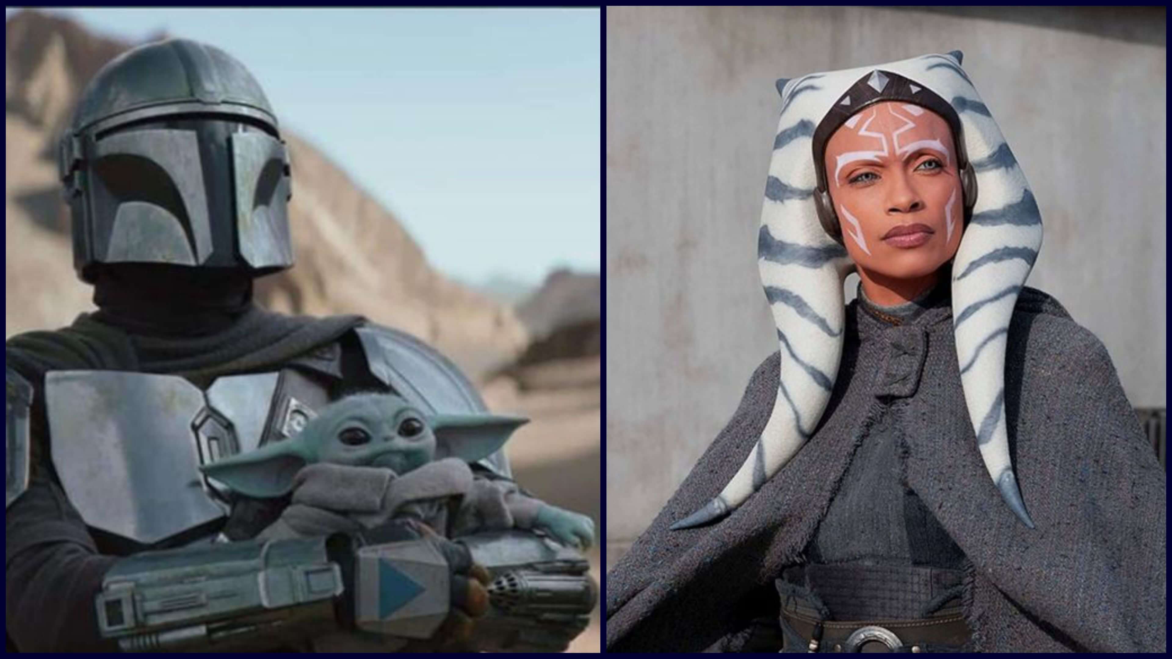 Two collage images: The Mandalorian holding Grogu and second image Ahsoka on her own