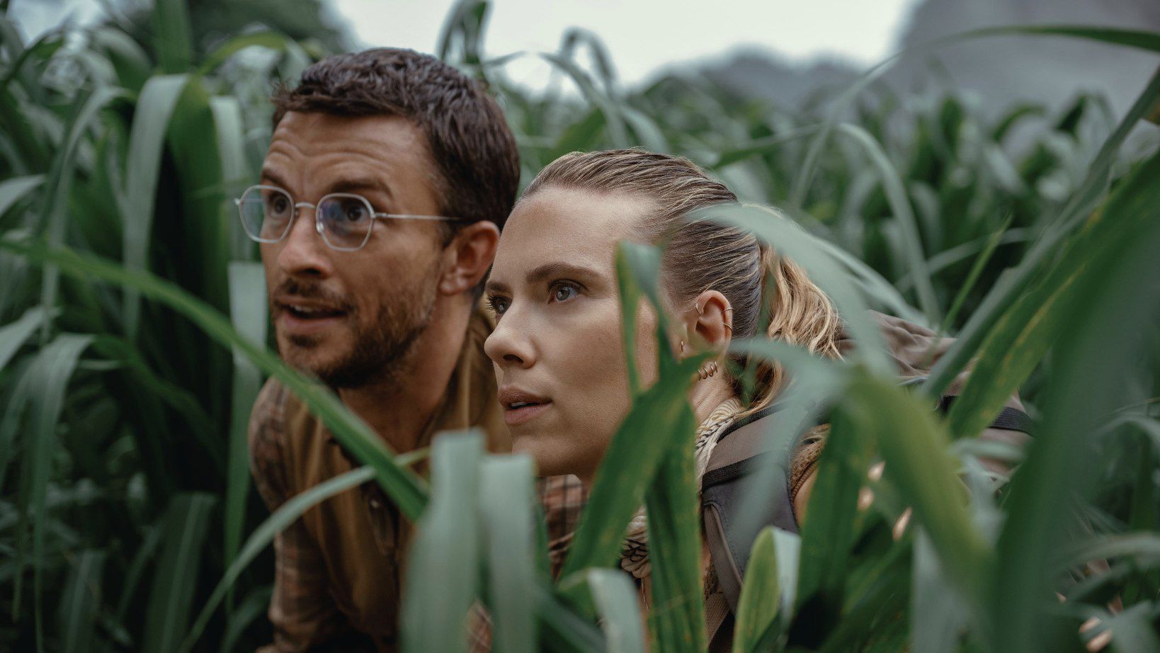 Jonathan Bailey and Scarlett Johansson peering through long grass, during a scene from Jurassic World Rebirth