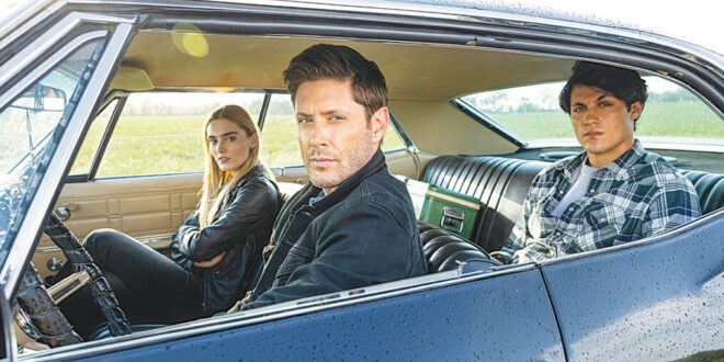 Meg Donnelly, Jensen Ackles and Drake Rodger sitting in a vehicle for The Winchesters