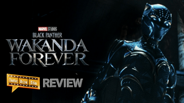 New Black Panther suit in Wakanda Forever with the title of the film overlayed