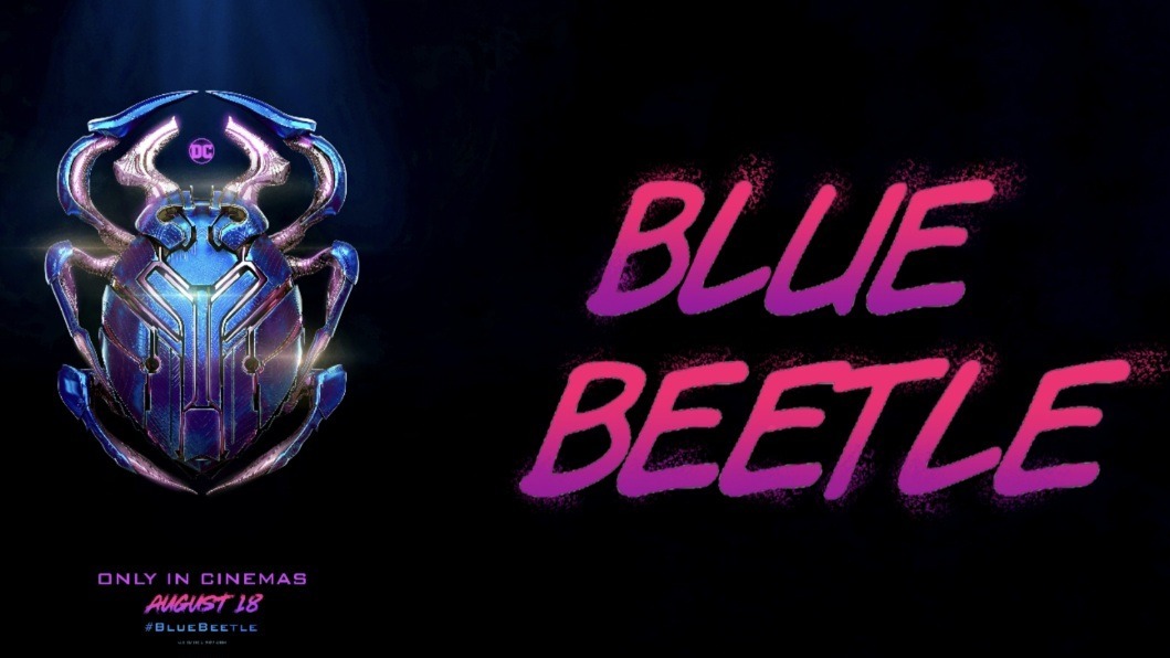 Poster for Blue Beetle showing purple and pink hue text and a blue scarab beetle