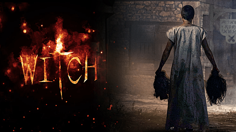 Horror movie Witch burning logo font with a girl stand in a dress