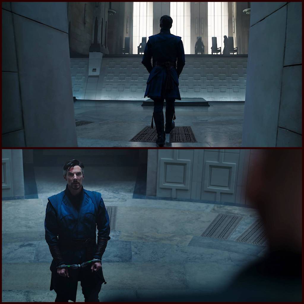 Doctor Strange in handcuffs, in a room with Professor X and other Illuminati members.