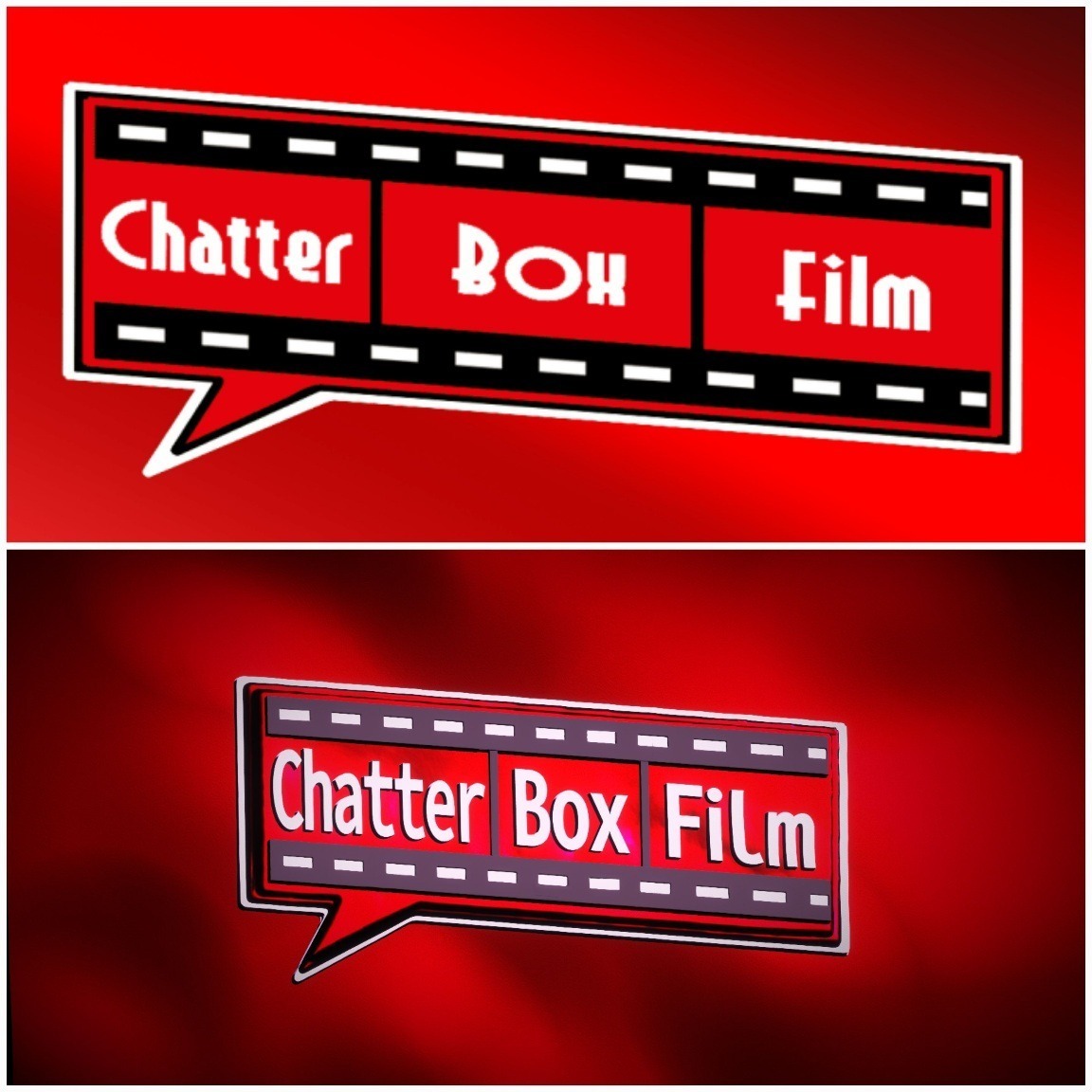 Old vs new chatter box film Marvel logo: dark red background, red and white speech box shaped logo