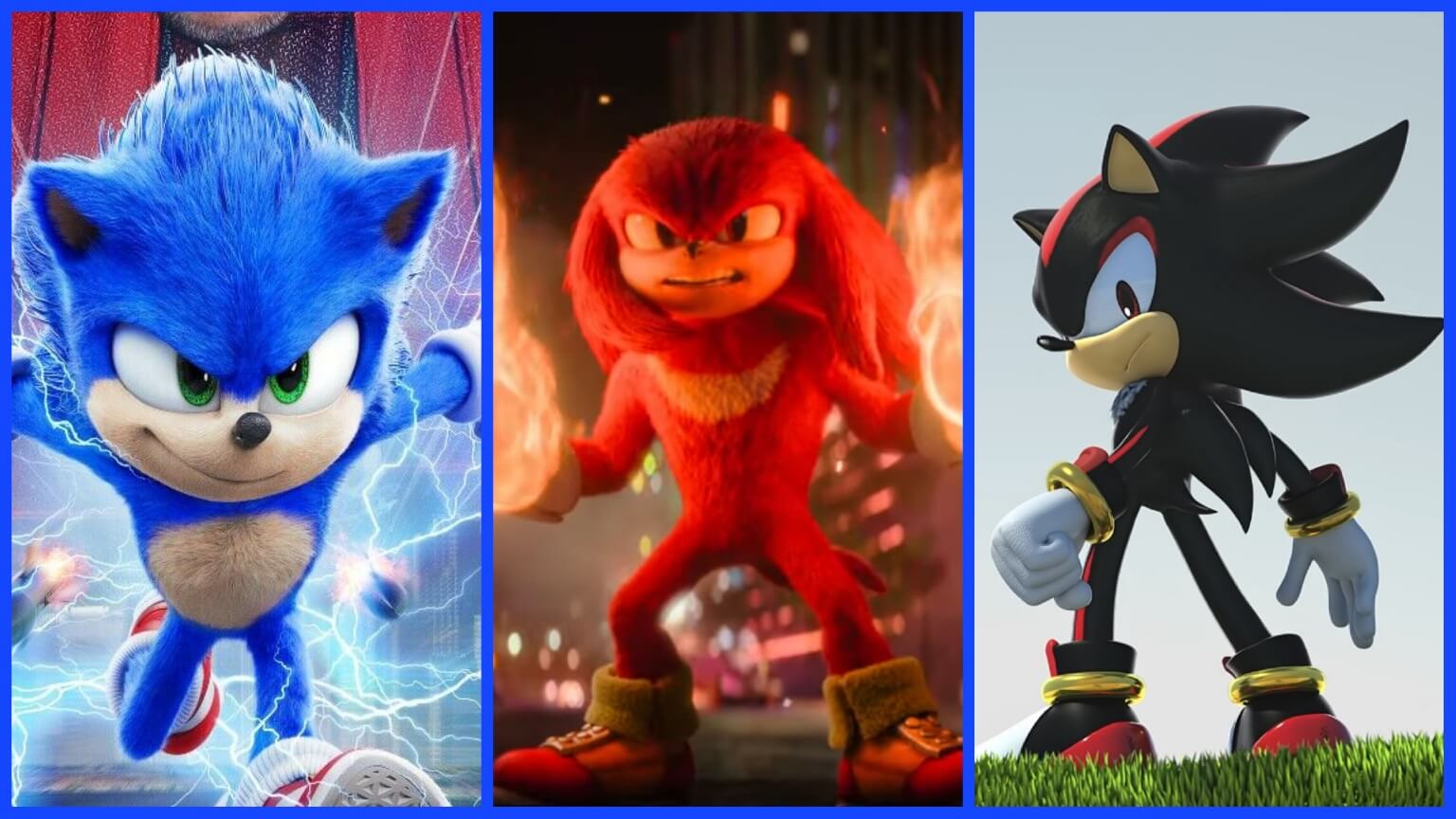 A tryptic of images: Sonic, Knuckles and Shadow