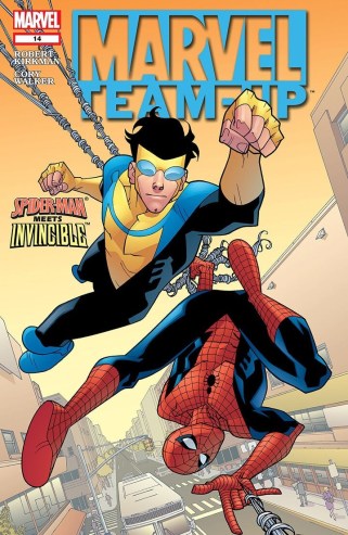 Invincible meets Spider-Man as they travel through the city