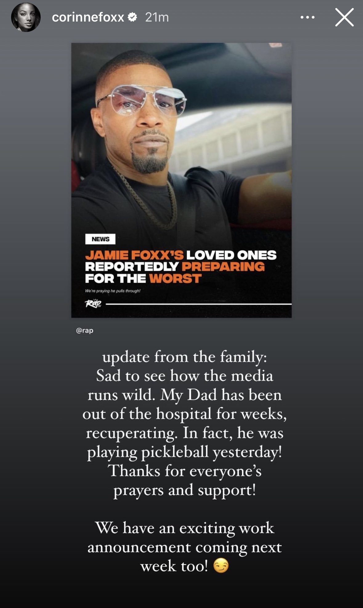 Corinne Foxx shares an update about her father