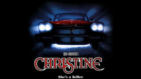 Red Plymouth Fury Car, beaming headlights in a dark setting, overlayed by the title font in red "Christine"