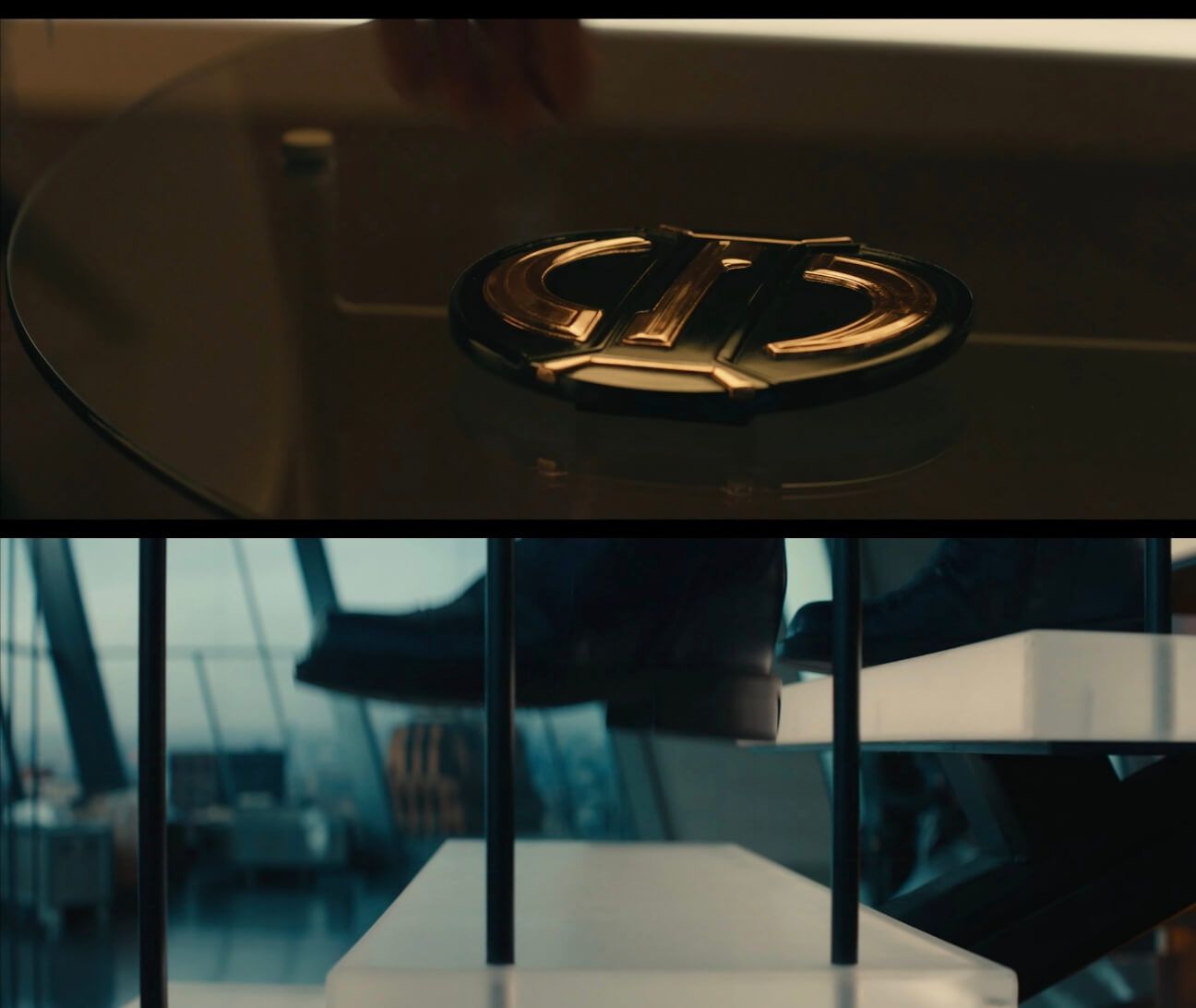 Partial suit reveal of Sentry picking up the gold emblem for the suit and walking down penthouse suite steps in his black boots.