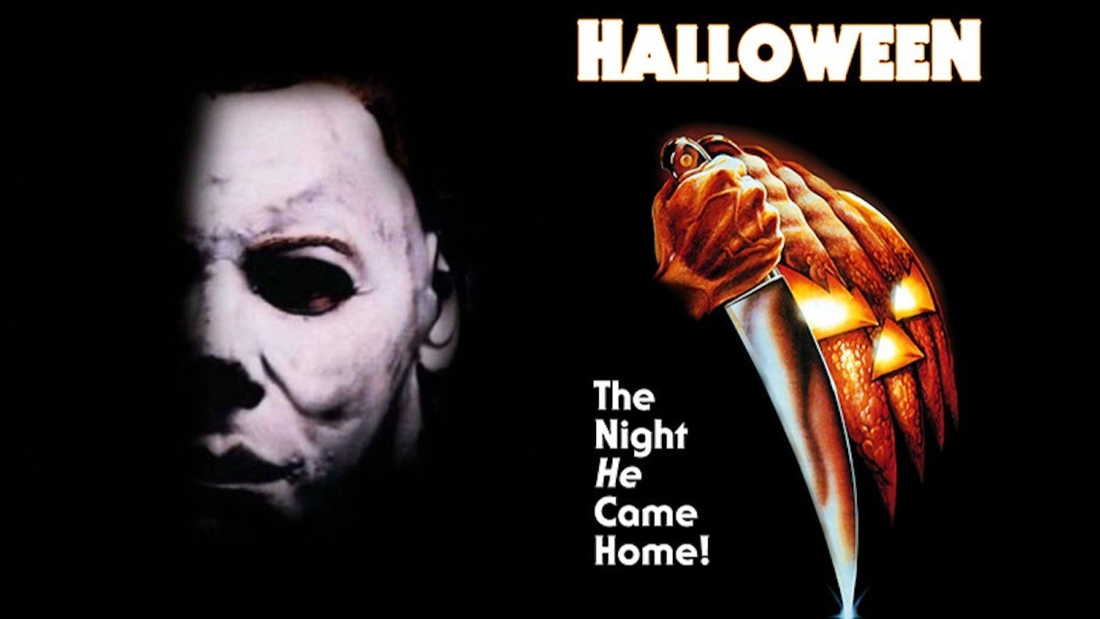 Michael Myers close up mask next to the knife and pumpkin in Halloween 1978. Caption also reads "The Night He Came Home"