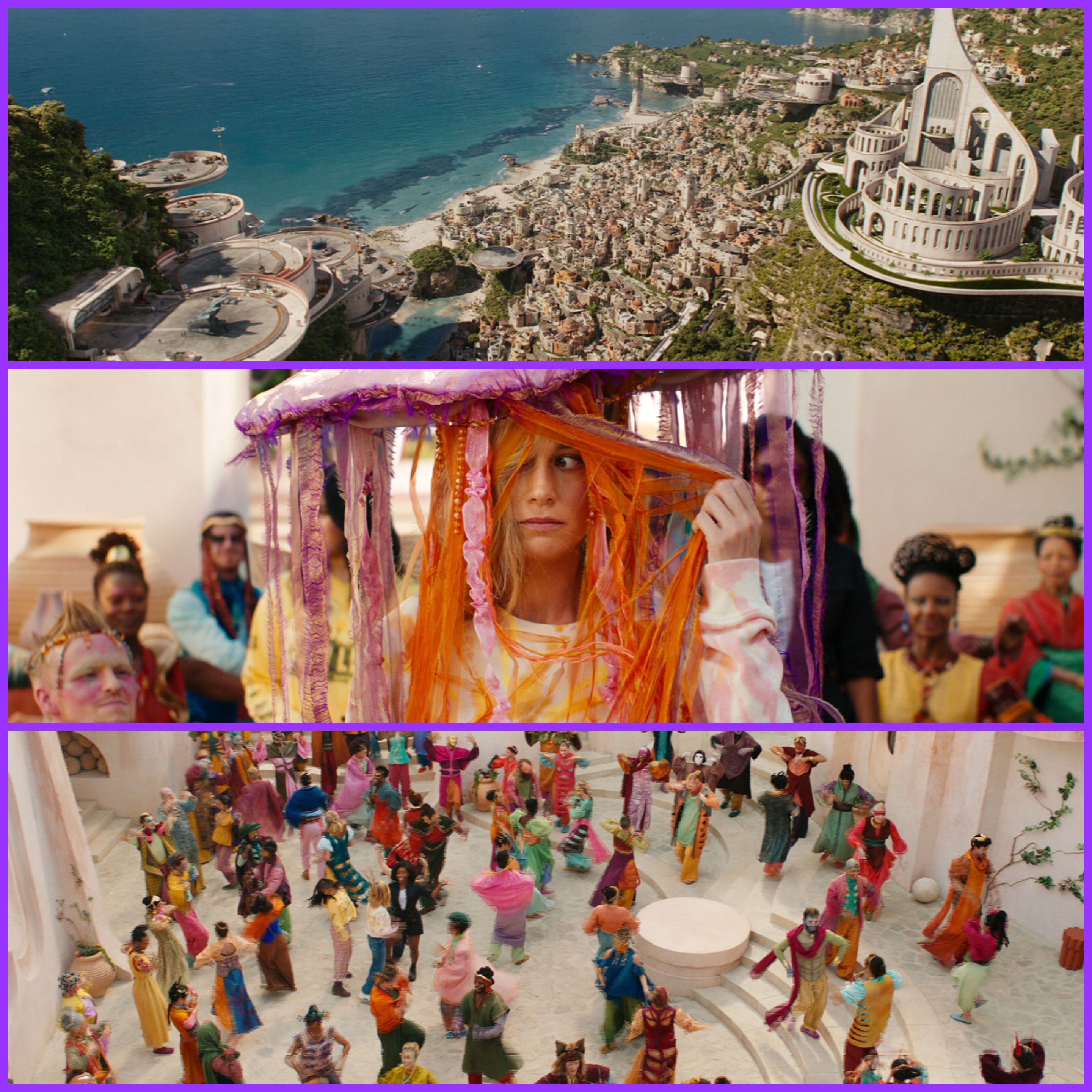 Colourful tropical clothing: orange, pink, yellow, green surrounded by white beach buildings