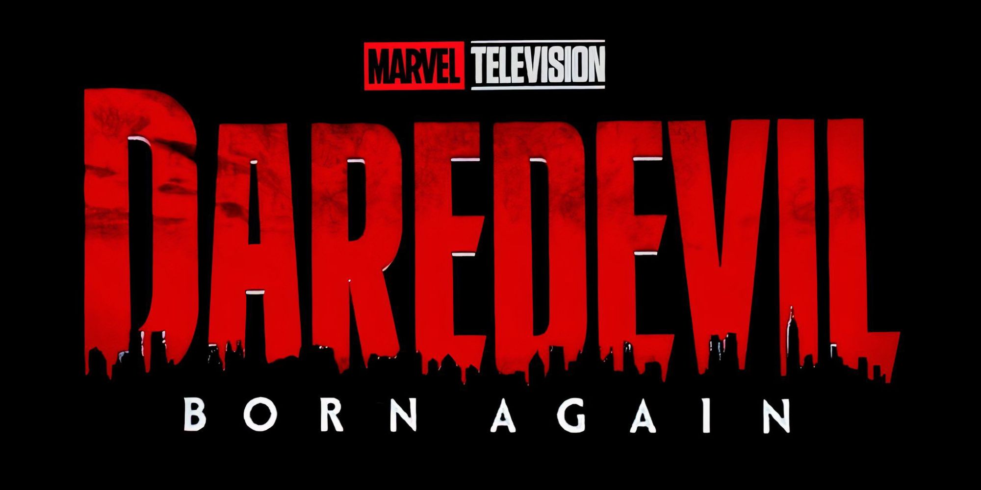 Red Daredevil text, overlayed with a black Hells kitchen landscape, white subtitle: Born Again