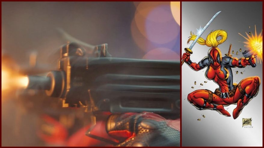 Possibly Lady Deadpool with guns and on the right is a Marvel comic drawing of the character
