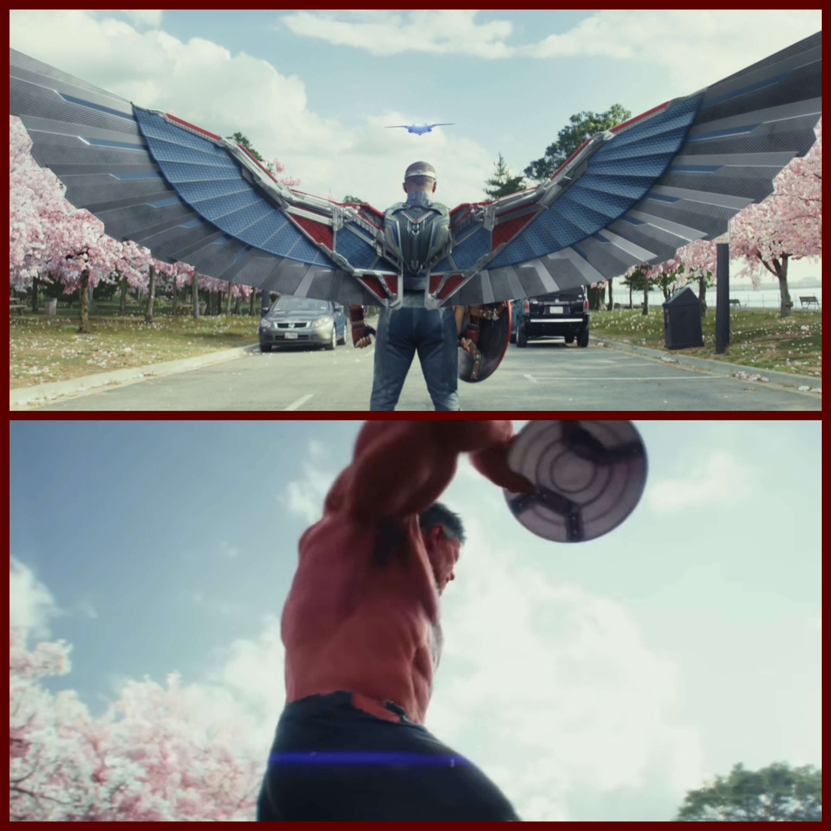 Captain America spreads his wings as he gets into a fight with Red Hulk in a street.